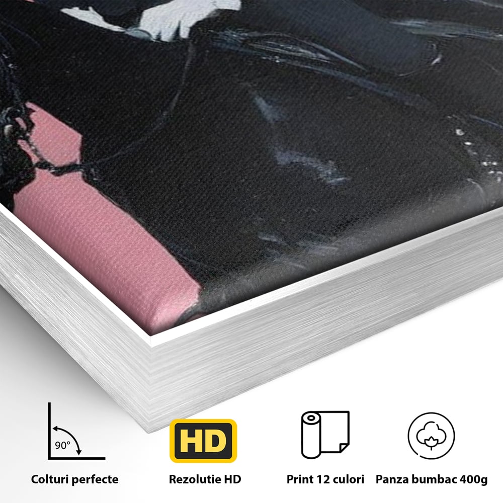 Tablou Canvas Premium, LuxCanva® M1543, Doamna din Vest, Western, Cal Negru, Femeie, Roz, Palarie, Vintage, Calaret, Dormitor, Birou, Living, Camera Copil