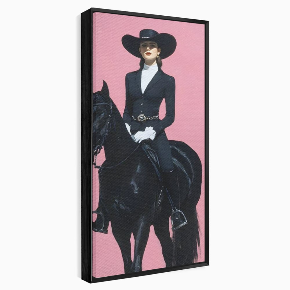 Tablou Canvas Premium, LuxCanva® M1543, Doamna din Vest, Western, Cal Negru, Femeie, Roz, Palarie, Vintage, Calaret, Dormitor, Birou, Living, Camera Copil
