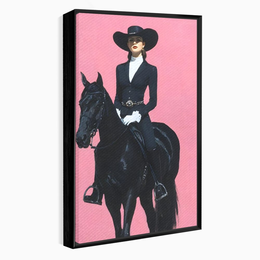 Tablou Canvas Premium, LuxCanva® M1543, Doamna din Vest, Western, Cal Negru, Femeie, Roz, Palarie, Vintage, Calaret, Dormitor, Birou, Living, Camera Copil