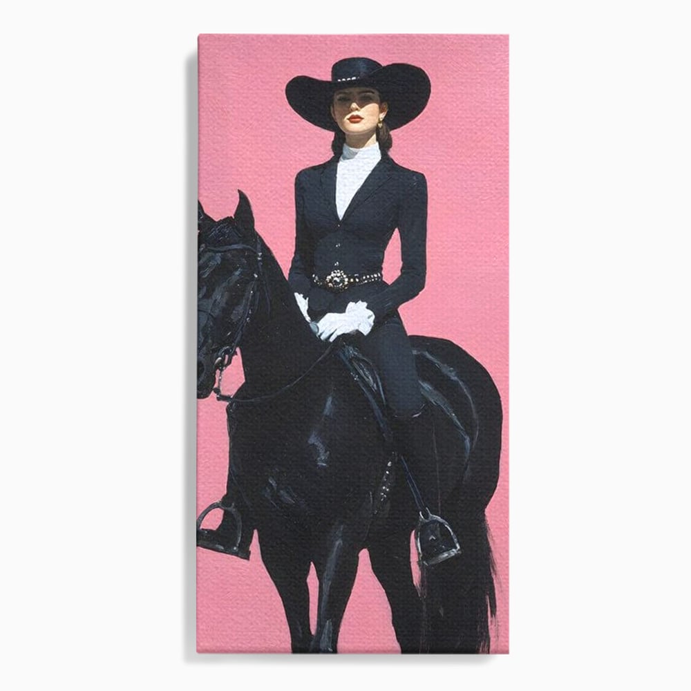 Tablou Canvas Premium, LuxCanva® M1543, Doamna din Vest, Western, Cal Negru, Femeie, Roz, Palarie, Vintage, Calaret, Dormitor, Birou, Living, Camera Copil