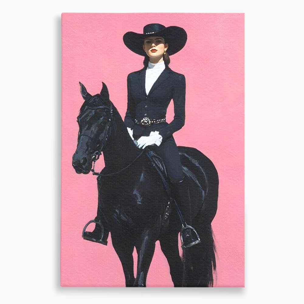 Tablou Canvas Premium, LuxCanva® M1543, Doamna din Vest, Western, Cal Negru, Femeie, Roz, Palarie, Vintage, Calaret, Dormitor, Birou, Living, Camera Copil