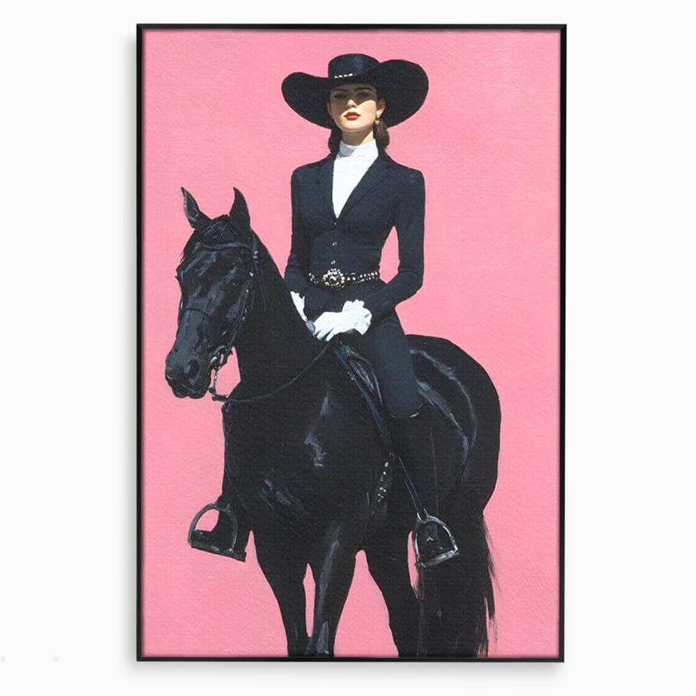 Tablou Canvas Premium, LuxCanva® M1543, Doamna din Vest, Western, Cal Negru, Femeie, Roz, Palarie, Vintage, Calaret, Dormitor, Birou, Living, Camera Copil