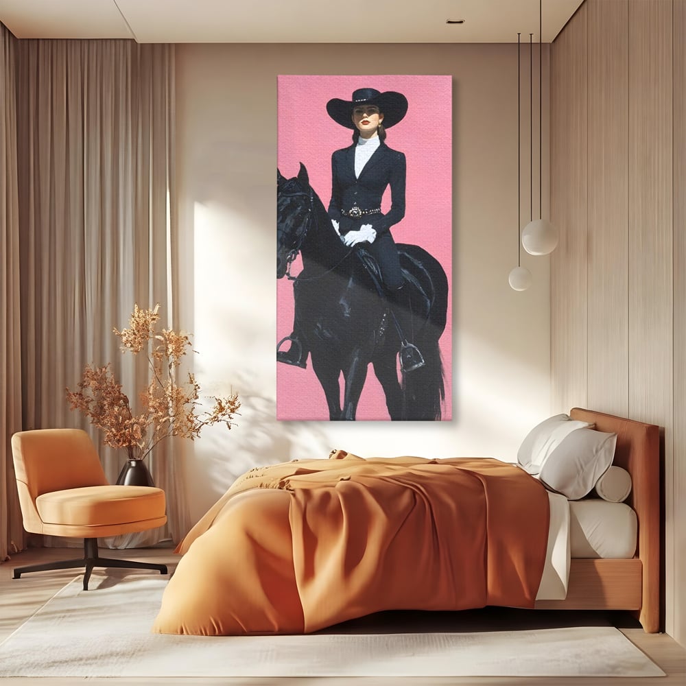 Tablou Canvas Premium, LuxCanva® M1543, Doamna din Vest, Western, Cal Negru, Femeie, Roz, Palarie, Vintage, Calaret, Dormitor, Birou, Living, Camera Copil