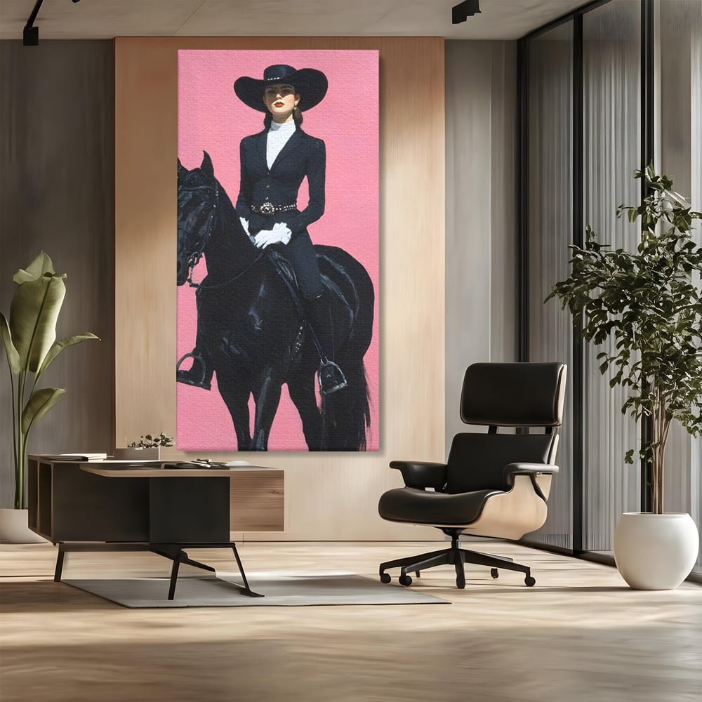 Tablou Canvas Premium, LuxCanva® M1543, Doamna din Vest, Western, Cal Negru, Femeie, Roz, Palarie, Vintage, Calaret, Dormitor, Birou, Living, Camera Copil