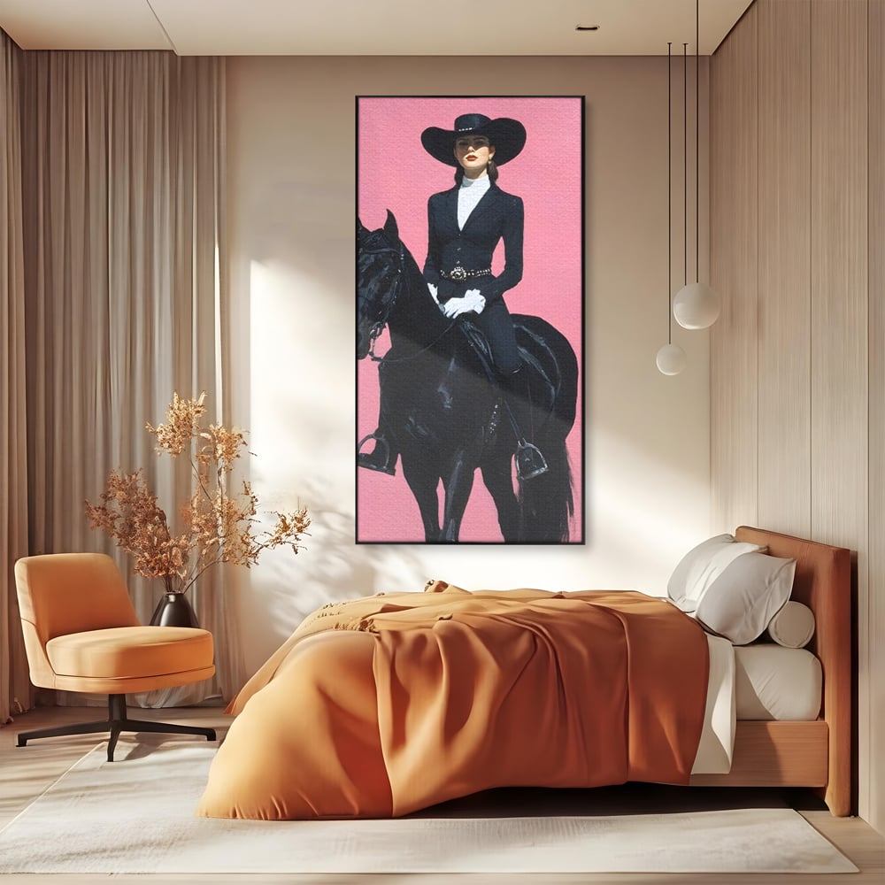Tablou Canvas Premium, LuxCanva® M1543, Doamna din Vest, Western, Cal Negru, Femeie, Roz, Palarie, Vintage, Calaret, Dormitor, Birou, Living, Camera Copil