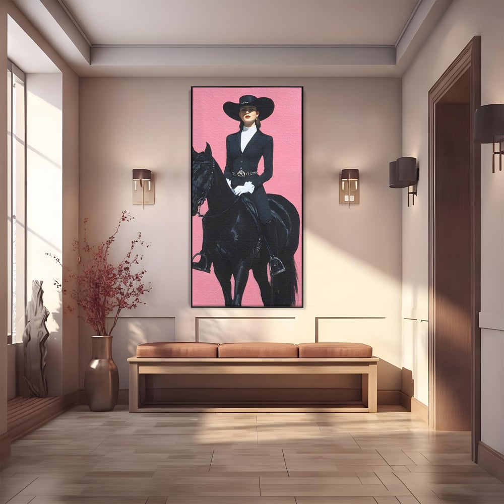 Tablou Canvas Premium, LuxCanva® M1543, Doamna din Vest, Western, Cal Negru, Femeie, Roz, Palarie, Vintage, Calaret, Dormitor, Birou, Living, Camera Copil