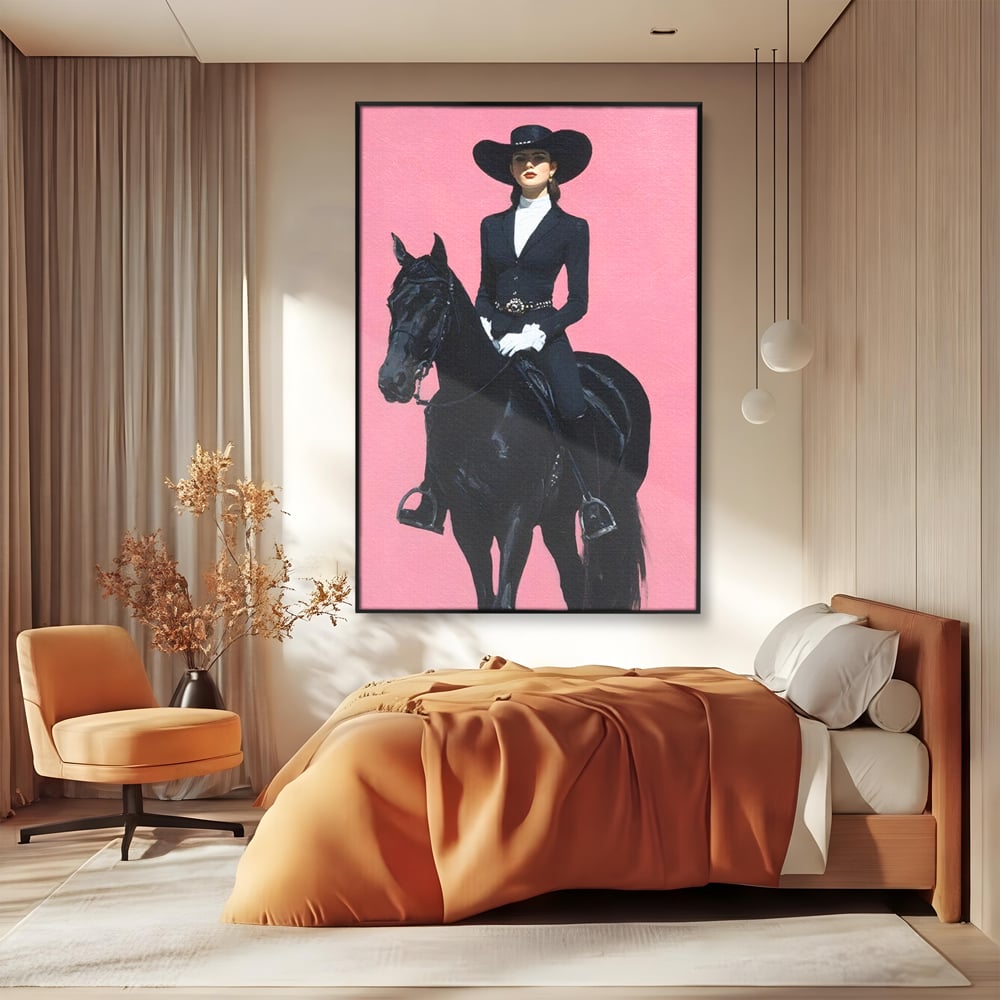 Tablou Canvas Premium, LuxCanva® M1543, Doamna din Vest, Western, Cal Negru, Femeie, Roz, Palarie, Vintage, Calaret, Dormitor, Birou, Living, Camera Copil