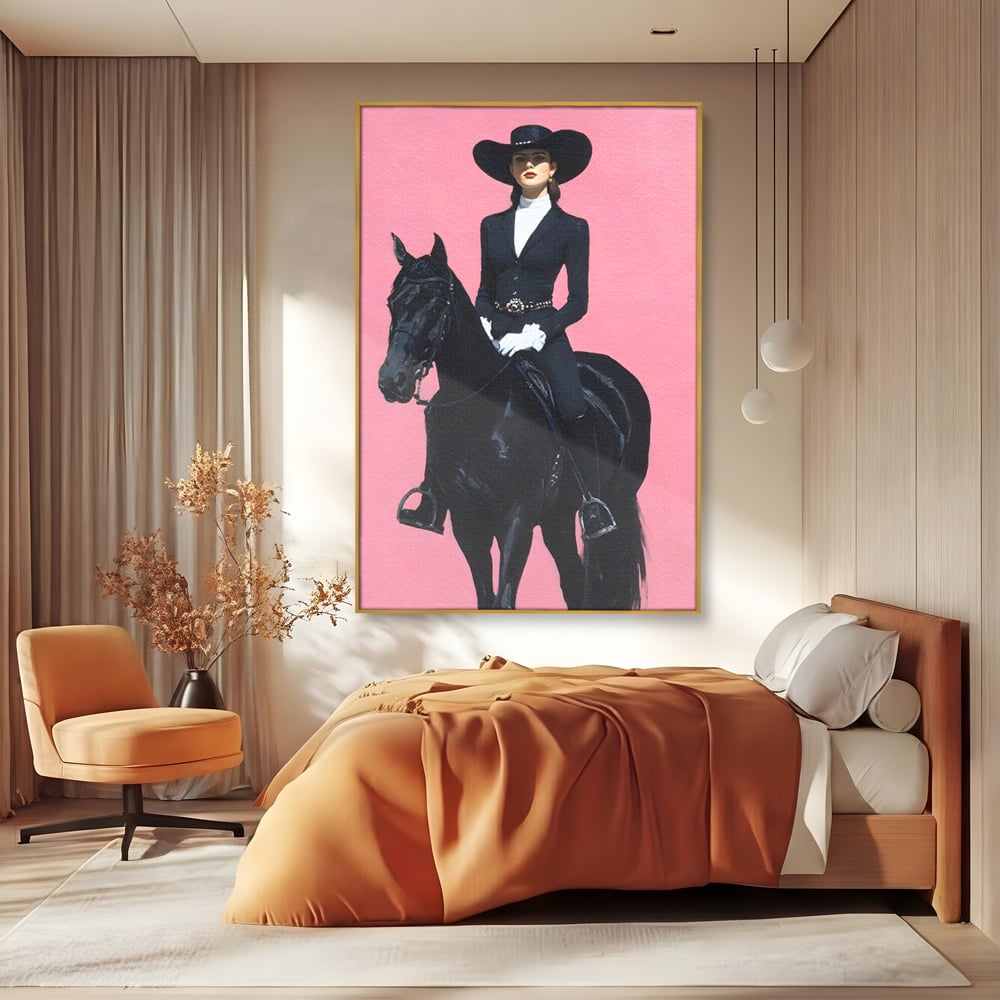 Tablou Canvas Premium, LuxCanva® M1543, Doamna din Vest, Western, Cal Negru, Femeie, Roz, Palarie, Vintage, Calaret, Dormitor, Birou, Living, Camera Copil