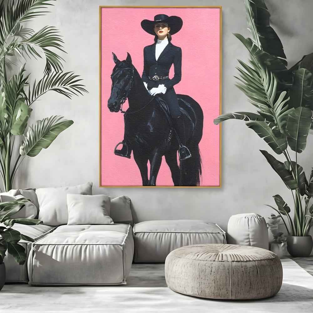 Tablou Canvas Premium, LuxCanva® M1543, Doamna din Vest, Western, Cal Negru, Femeie, Roz, Palarie, Vintage, Calaret, Dormitor, Birou, Living, Camera Copil