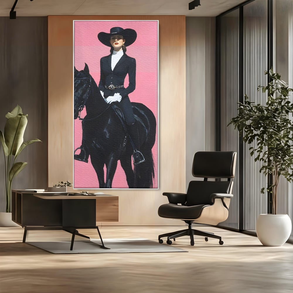 Tablou Canvas Premium, LuxCanva® M1543, Doamna din Vest, Western, Cal Negru, Femeie, Roz, Palarie, Vintage, Calaret, Dormitor, Birou, Living, Camera Copil