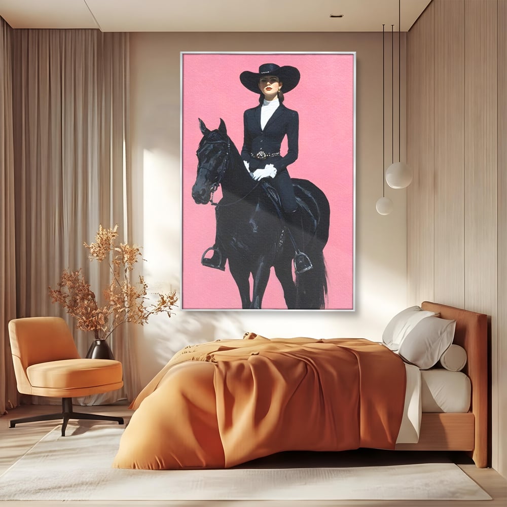 Tablou Canvas Premium, LuxCanva® M1543, Doamna din Vest, Western, Cal Negru, Femeie, Roz, Palarie, Vintage, Calaret, Dormitor, Birou, Living, Camera Copil