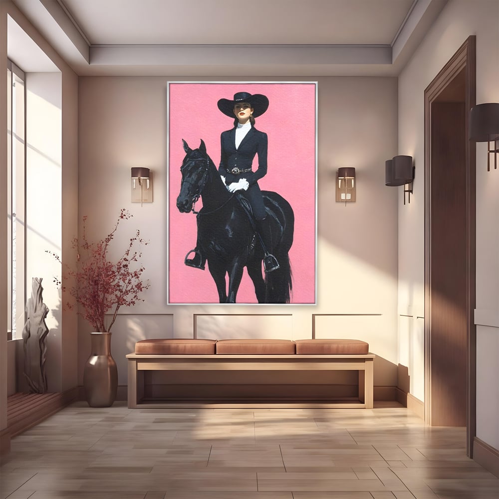 Tablou Canvas Premium, LuxCanva® M1543, Doamna din Vest, Western, Cal Negru, Femeie, Roz, Palarie, Vintage, Calaret, Dormitor, Birou, Living, Camera Copil