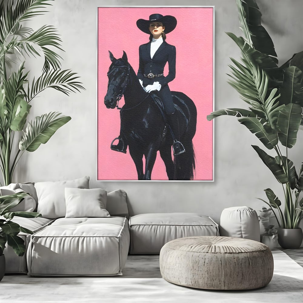 Tablou Canvas Premium, LuxCanva® M1543, Doamna din Vest, Western, Cal Negru, Femeie, Roz, Palarie, Vintage, Calaret, Dormitor, Birou, Living, Camera Copil