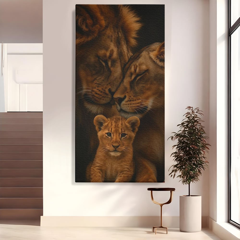 Leinwand Wandkunst Leinwand Wandkunst Premium, LuxCanva® M1544, Royal Sanctuary, Löwe, König des Dschungels, Huhn, Tiere, Liebe, Schutz, Dynastie, Schlafzimmer, Büro, Wohnzimmer