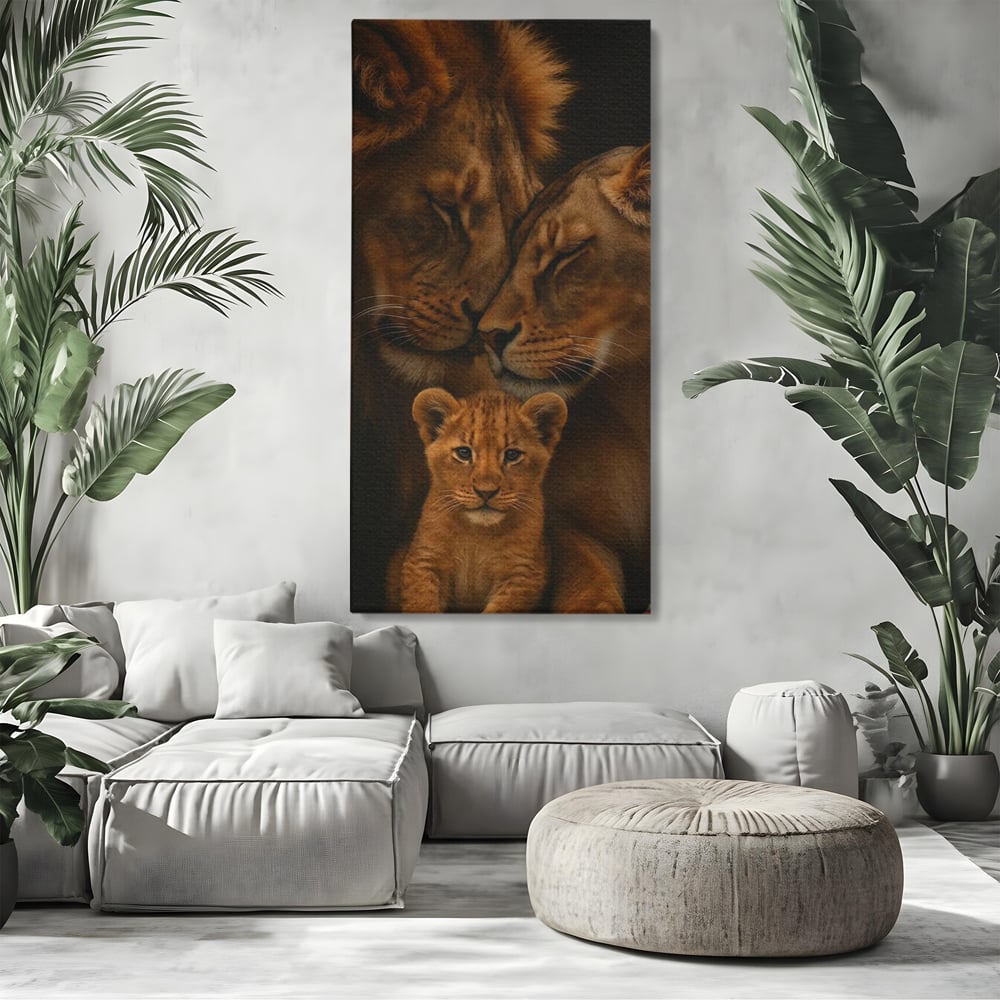 Leinwand Wandkunst Leinwand Wandkunst Premium, LuxCanva® M1544, Royal Sanctuary, Löwe, König des Dschungels, Huhn, Tiere, Liebe, Schutz, Dynastie, Schlafzimmer, Büro, Wohnzimmer