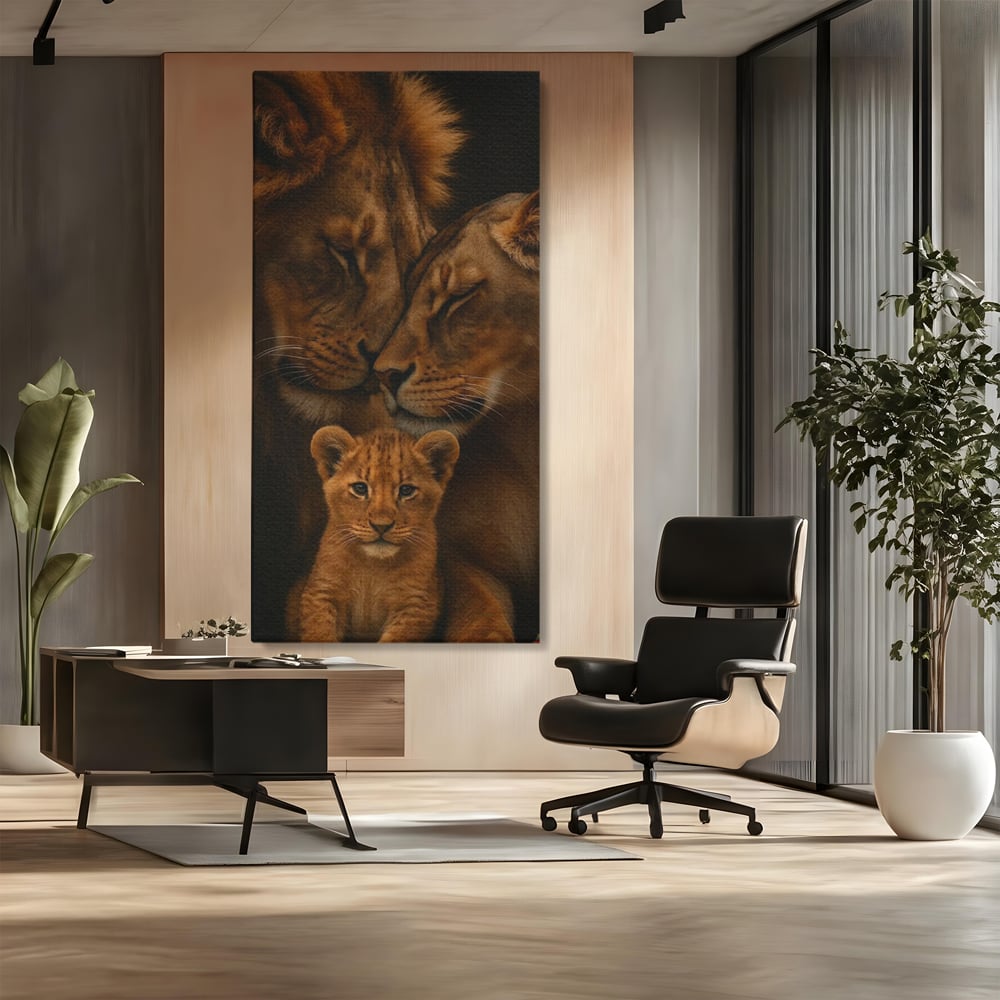 Leinwand Wandkunst Leinwand Wandkunst Premium, LuxCanva® M1544, Royal Sanctuary, Löwe, König des Dschungels, Huhn, Tiere, Liebe, Schutz, Dynastie, Schlafzimmer, Büro, Wohnzimmer
