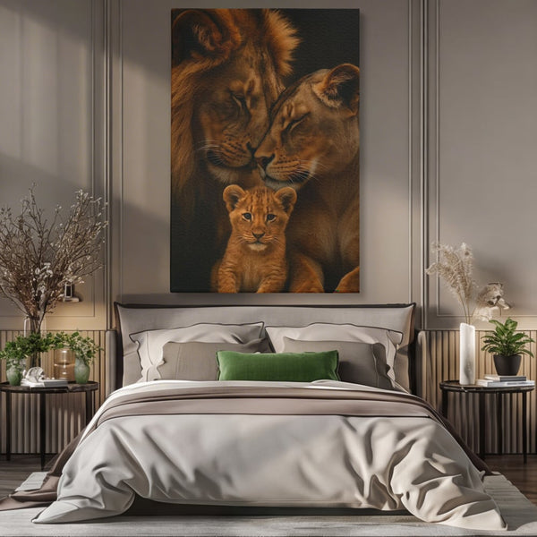 Leinwand Wandkunst Leinwand Wandkunst Premium, LuxCanva® M1544, Royal Sanctuary, Löwe, König des Dschungels, Huhn, Tiere, Liebe, Schutz, Dynastie, Schlafzimmer, Büro, Wohnzimmer