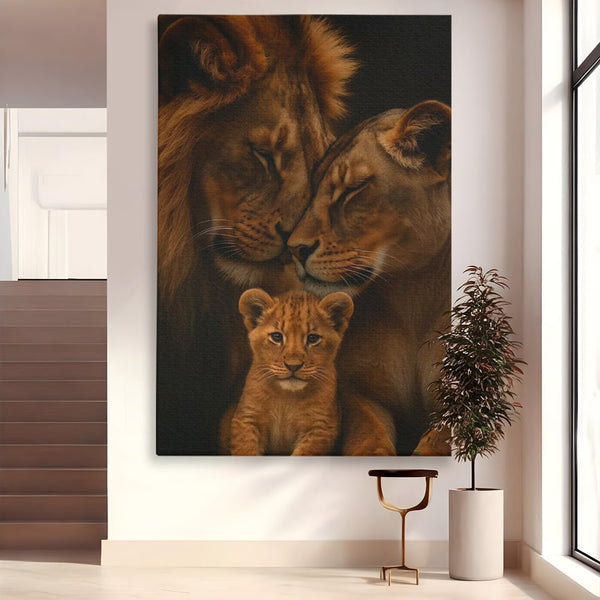 Leinwand Wandkunst Leinwand Wandkunst Premium, LuxCanva® M1544, Royal Sanctuary, Löwe, König des Dschungels, Huhn, Tiere, Liebe, Schutz, Dynastie, Schlafzimmer, Büro, Wohnzimmer
