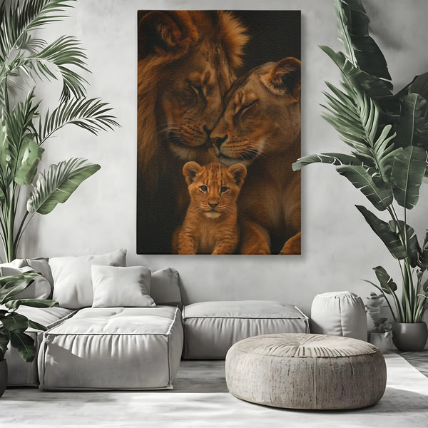 Leinwand Wandkunst Leinwand Wandkunst Premium, LuxCanva® M1544, Royal Sanctuary, Löwe, König des Dschungels, Huhn, Tiere, Liebe, Schutz, Dynastie, Schlafzimmer, Büro, Wohnzimmer