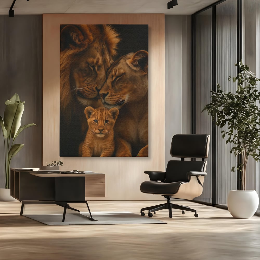 Leinwand Wandkunst Leinwand Wandkunst Premium, LuxCanva® M1544, Royal Sanctuary, Löwe, König des Dschungels, Huhn, Tiere, Liebe, Schutz, Dynastie, Schlafzimmer, Büro, Wohnzimmer