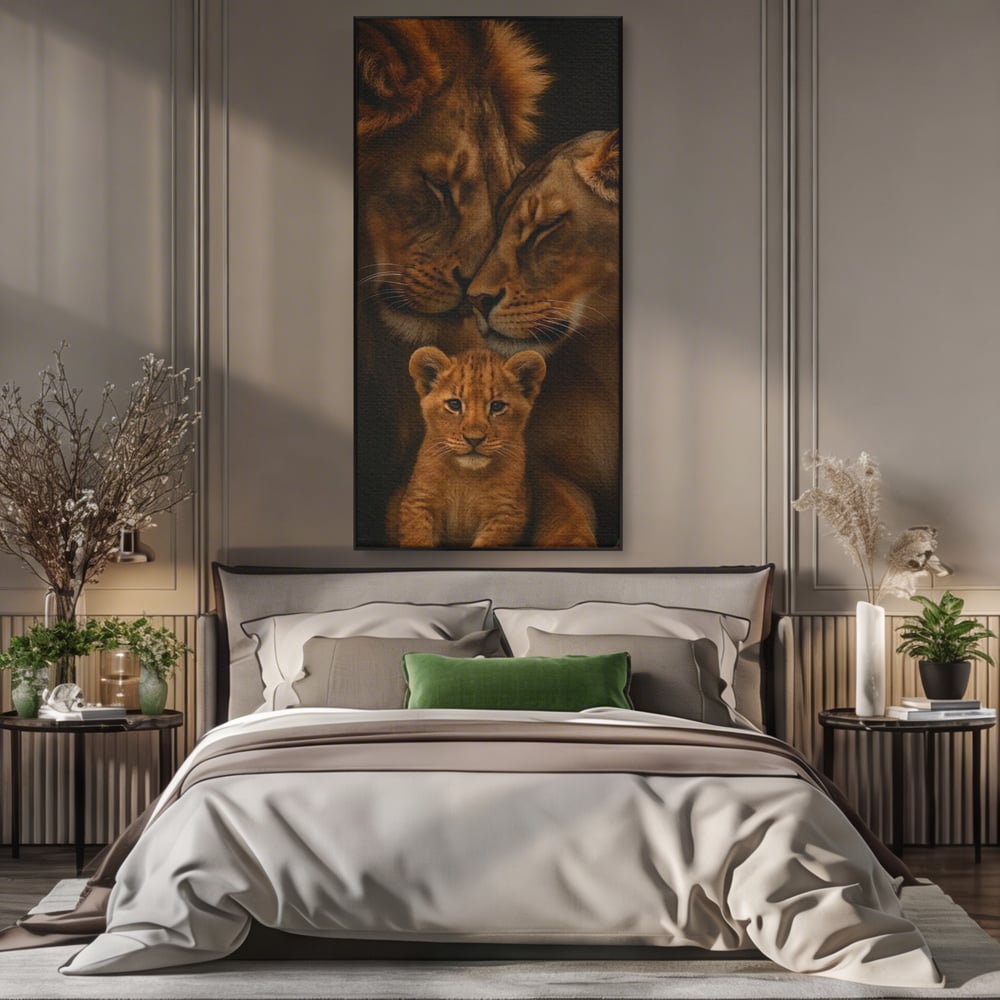 Leinwand Wandkunst Leinwand Wandkunst Premium, LuxCanva® M1544, Royal Sanctuary, Löwe, König des Dschungels, Huhn, Tiere, Liebe, Schutz, Dynastie, Schlafzimmer, Büro, Wohnzimmer