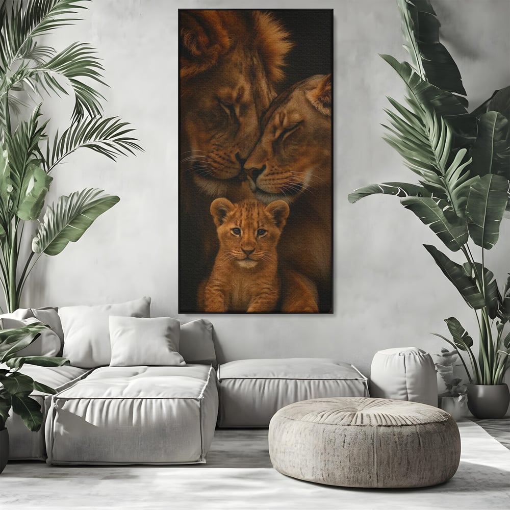 Leinwand Wandkunst Leinwand Wandkunst Premium, LuxCanva® M1544, Royal Sanctuary, Löwe, König des Dschungels, Huhn, Tiere, Liebe, Schutz, Dynastie, Schlafzimmer, Büro, Wohnzimmer