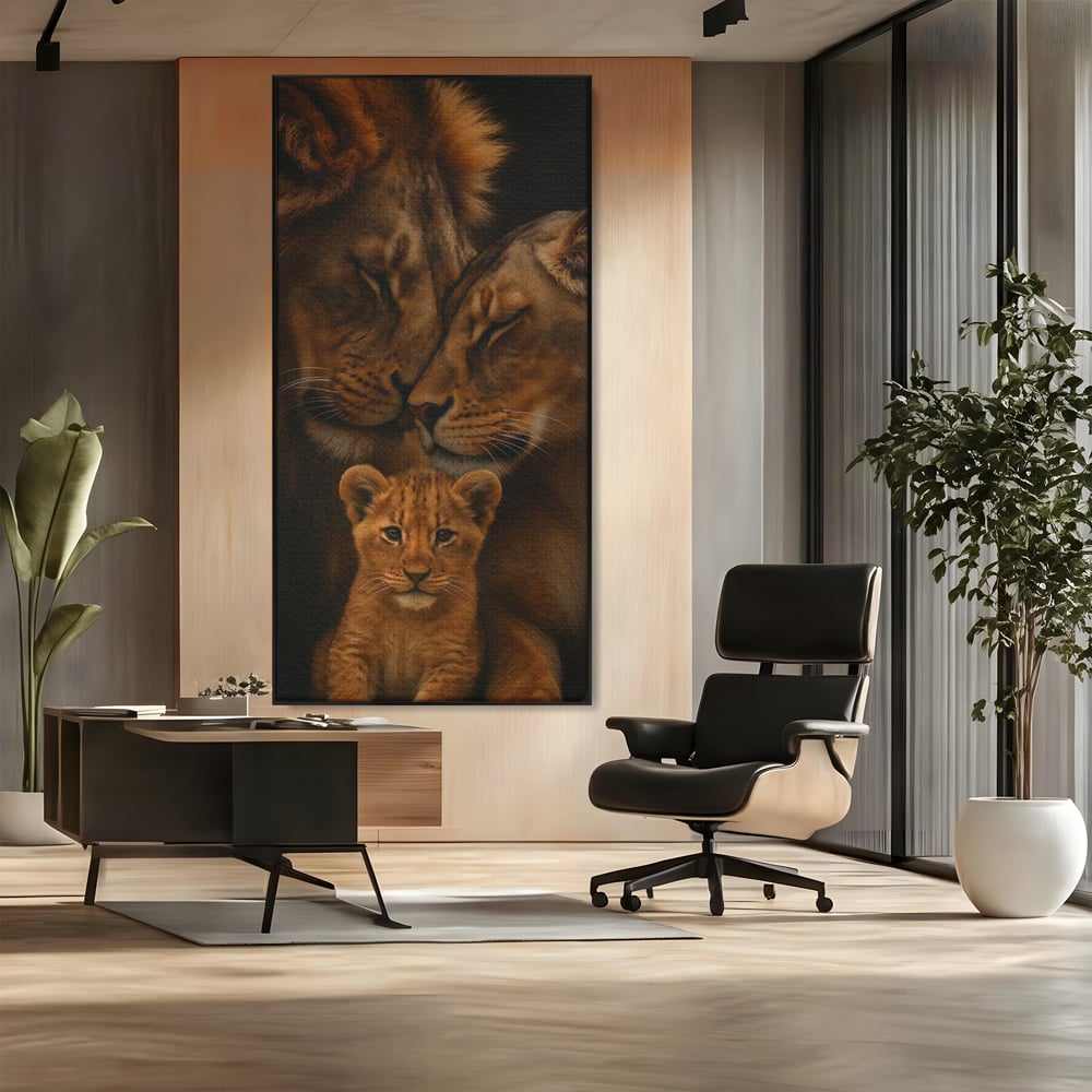 Leinwand Wandkunst Leinwand Wandkunst Premium, LuxCanva® M1544, Royal Sanctuary, Löwe, König des Dschungels, Huhn, Tiere, Liebe, Schutz, Dynastie, Schlafzimmer, Büro, Wohnzimmer