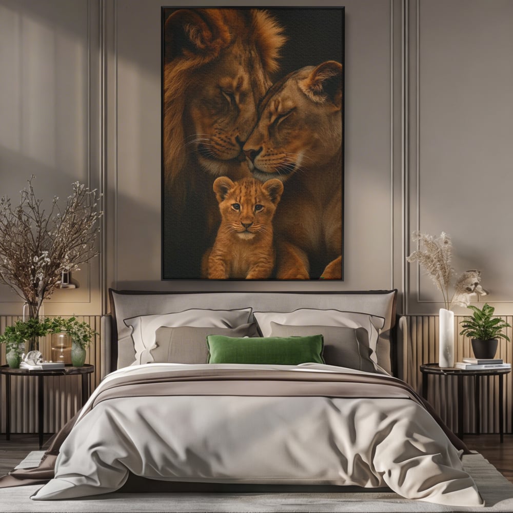 Leinwand Wandkunst Leinwand Wandkunst Premium, LuxCanva® M1544, Royal Sanctuary, Löwe, König des Dschungels, Huhn, Tiere, Liebe, Schutz, Dynastie, Schlafzimmer, Büro, Wohnzimmer