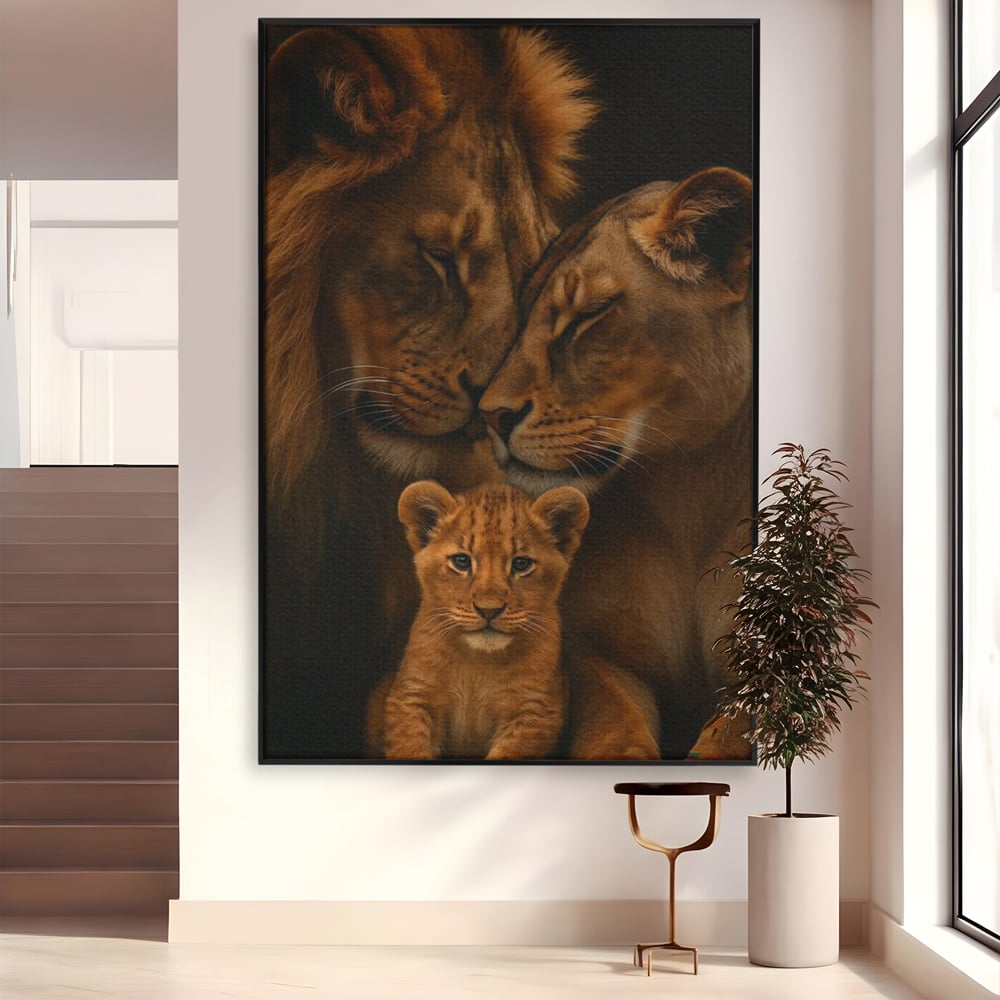 Leinwand Wandkunst Leinwand Wandkunst Premium, LuxCanva® M1544, Royal Sanctuary, Löwe, König des Dschungels, Huhn, Tiere, Liebe, Schutz, Dynastie, Schlafzimmer, Büro, Wohnzimmer