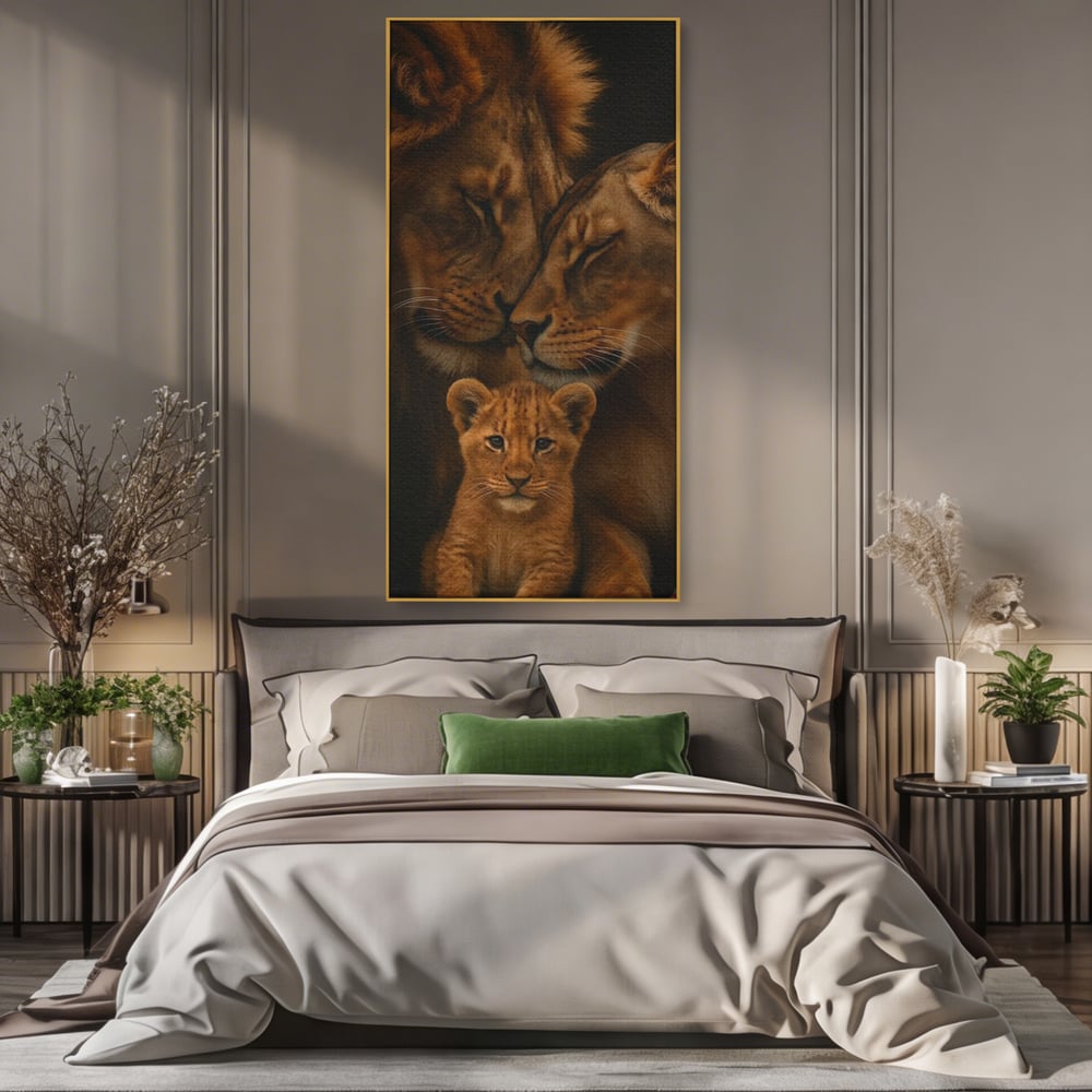 Leinwand Wandkunst Leinwand Wandkunst Premium, LuxCanva® M1544, Royal Sanctuary, Löwe, König des Dschungels, Huhn, Tiere, Liebe, Schutz, Dynastie, Schlafzimmer, Büro, Wohnzimmer
