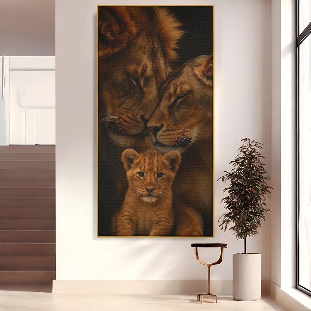 Leinwand Wandkunst Leinwand Wandkunst Premium, LuxCanva® M1544, Royal Sanctuary, Löwe, König des Dschungels, Huhn, Tiere, Liebe, Schutz, Dynastie, Schlafzimmer, Büro, Wohnzimmer
