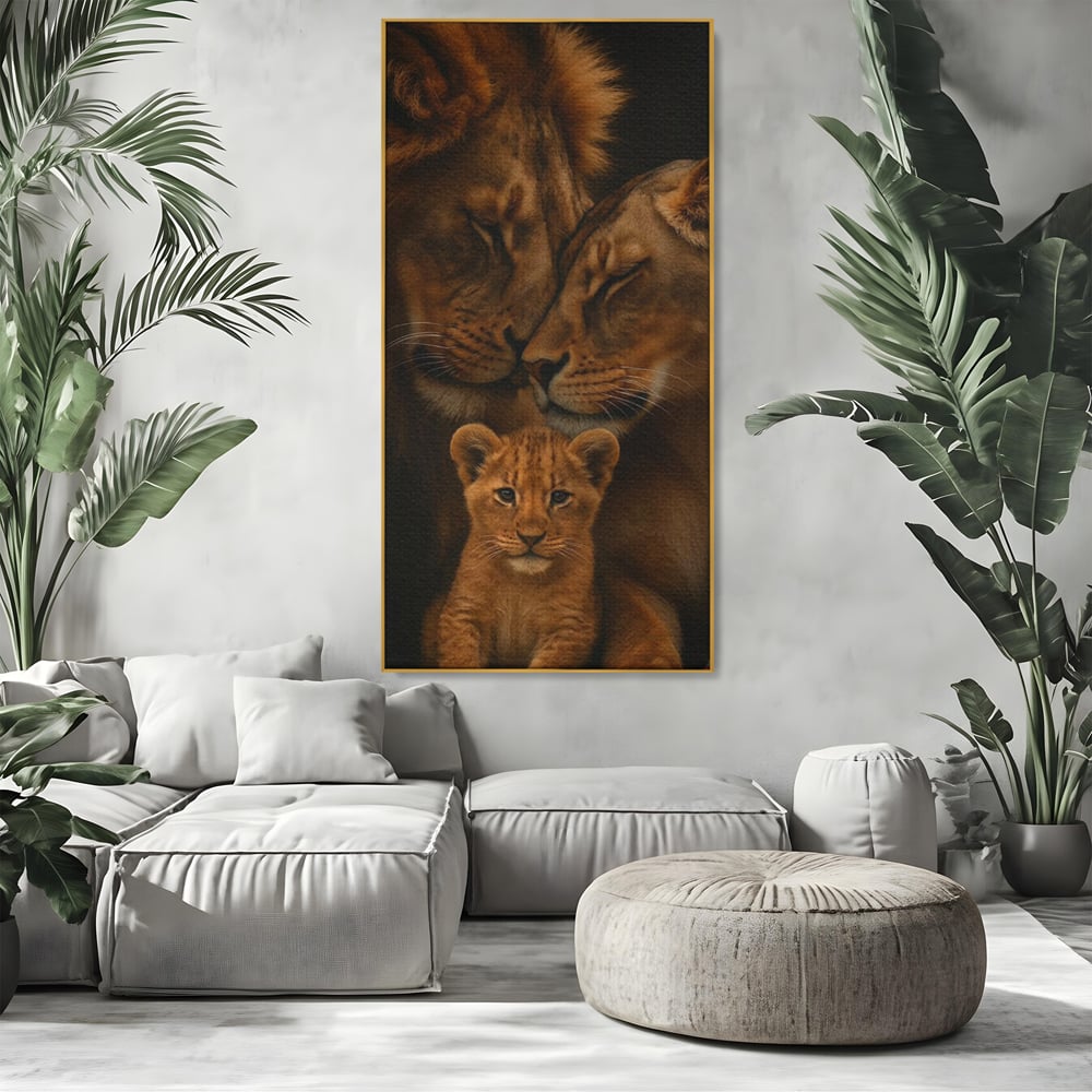 Leinwand Wandkunst Leinwand Wandkunst Premium, LuxCanva® M1544, Royal Sanctuary, Löwe, König des Dschungels, Huhn, Tiere, Liebe, Schutz, Dynastie, Schlafzimmer, Büro, Wohnzimmer
