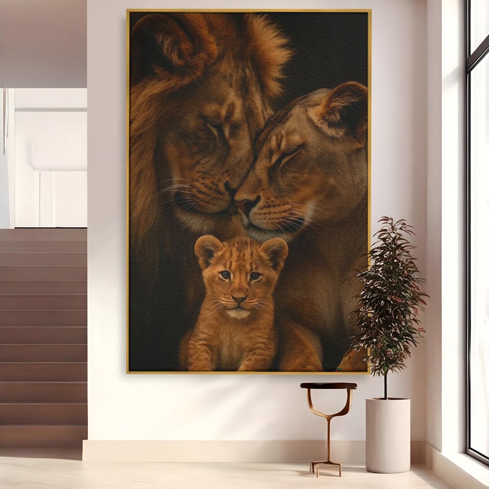 Leinwand Wandkunst Leinwand Wandkunst Premium, LuxCanva® M1544, Royal Sanctuary, Löwe, König des Dschungels, Huhn, Tiere, Liebe, Schutz, Dynastie, Schlafzimmer, Büro, Wohnzimmer