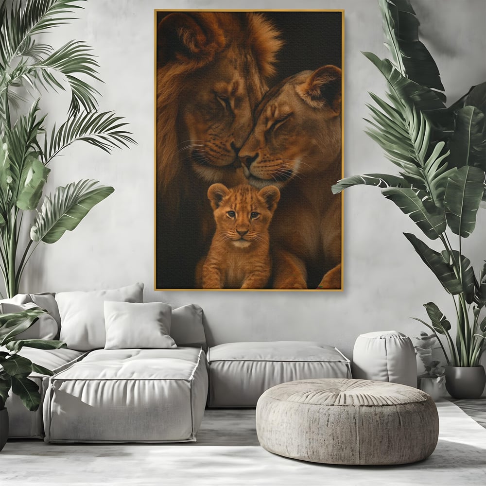Leinwand Wandkunst Leinwand Wandkunst Premium, LuxCanva® M1544, Royal Sanctuary, Löwe, König des Dschungels, Huhn, Tiere, Liebe, Schutz, Dynastie, Schlafzimmer, Büro, Wohnzimmer