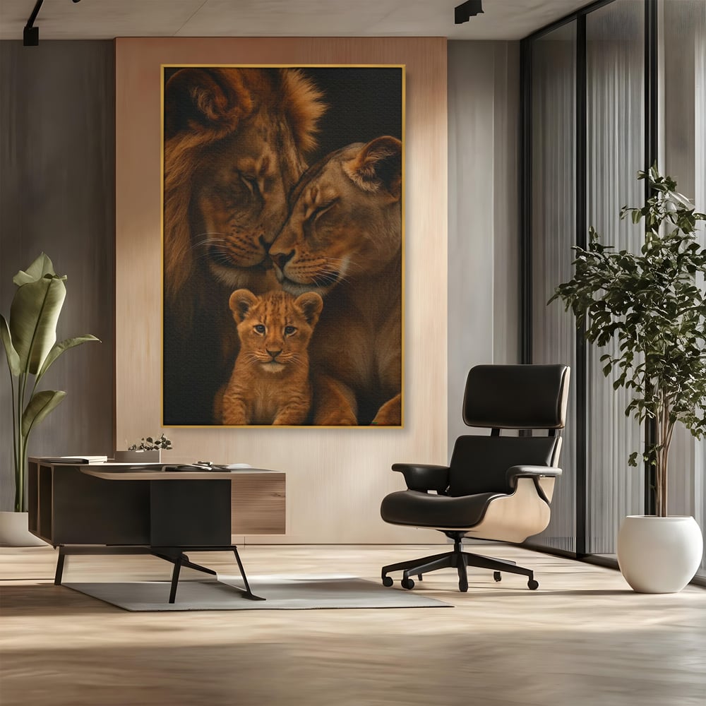 Leinwand Wandkunst Leinwand Wandkunst Premium, LuxCanva® M1544, Royal Sanctuary, Löwe, König des Dschungels, Huhn, Tiere, Liebe, Schutz, Dynastie, Schlafzimmer, Büro, Wohnzimmer