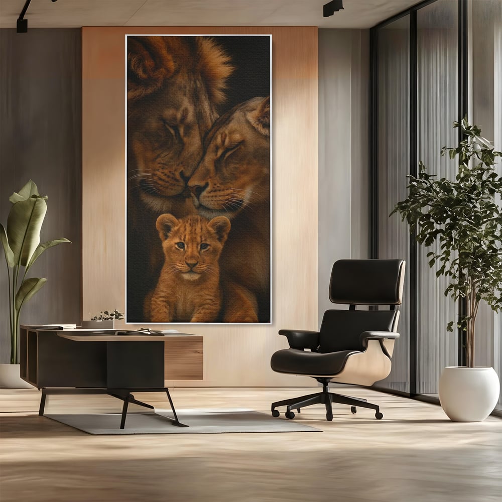 Leinwand Wandkunst Leinwand Wandkunst Premium, LuxCanva® M1544, Royal Sanctuary, Löwe, König des Dschungels, Huhn, Tiere, Liebe, Schutz, Dynastie, Schlafzimmer, Büro, Wohnzimmer