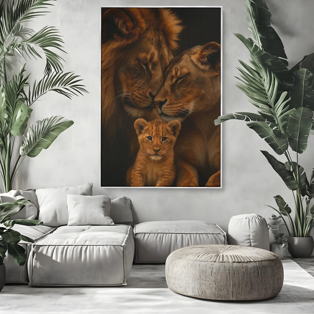 Leinwand Wandkunst Leinwand Wandkunst Premium, LuxCanva® M1544, Royal Sanctuary, Löwe, König des Dschungels, Huhn, Tiere, Liebe, Schutz, Dynastie, Schlafzimmer, Büro, Wohnzimmer