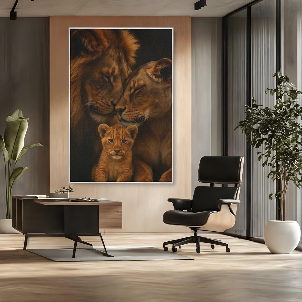 Leinwand Wandkunst Leinwand Wandkunst Premium, LuxCanva® M1544, Royal Sanctuary, Löwe, König des Dschungels, Huhn, Tiere, Liebe, Schutz, Dynastie, Schlafzimmer, Büro, Wohnzimmer