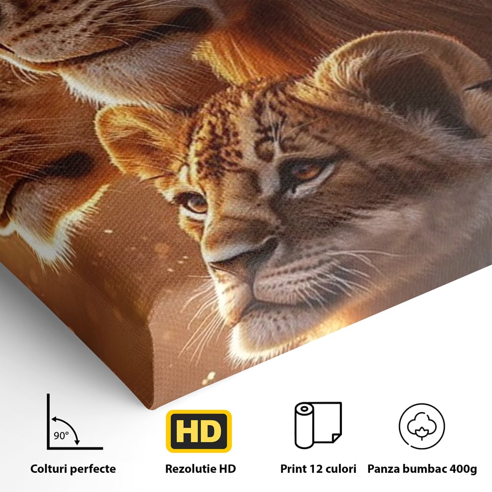 Leinwand Wandkunst Canvas Wandkunst Premium, LuxCanva® M1545, Drei Schicksale Inflacarate, Löwen, Tiere, Wild, Dschungel König, Familie, Huhn, Schlafzimmer, Büro, Wohnzimmer