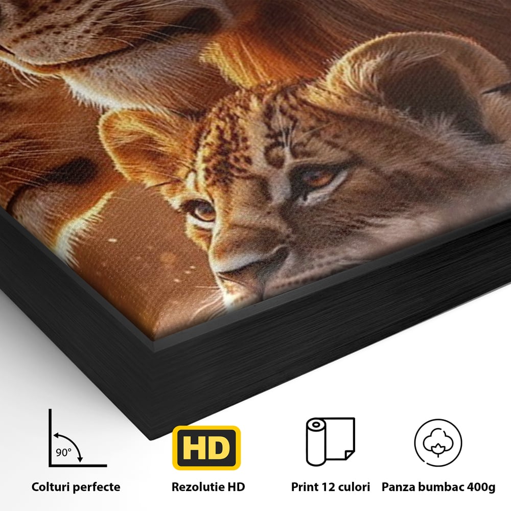 Leinwand Wandkunst Canvas Wandkunst Premium, LuxCanva® M1545, Drei Schicksale Inflacarate, Löwen, Tiere, Wild, Dschungel König, Familie, Huhn, Schlafzimmer, Büro, Wohnzimmer