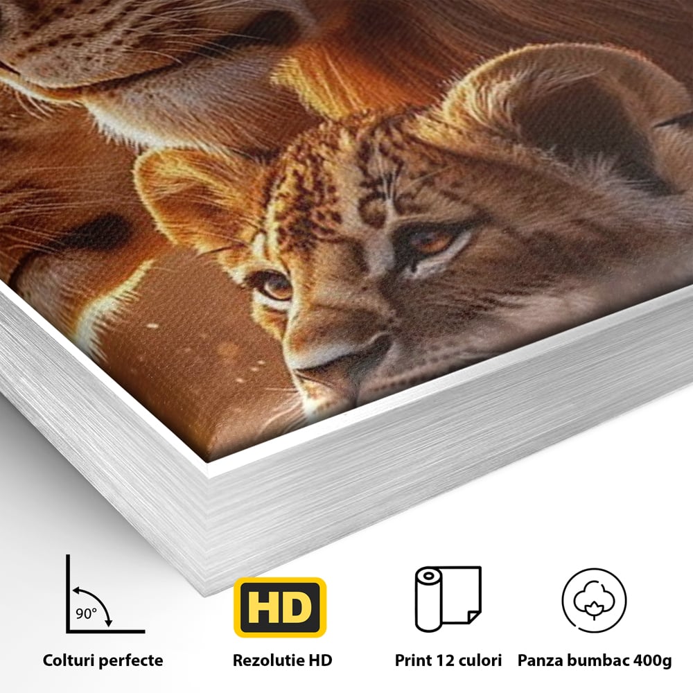 Leinwand Wandkunst Canvas Wandkunst Premium, LuxCanva® M1545, Drei Schicksale Inflacarate, Löwen, Tiere, Wild, Dschungel König, Familie, Huhn, Schlafzimmer, Büro, Wohnzimmer