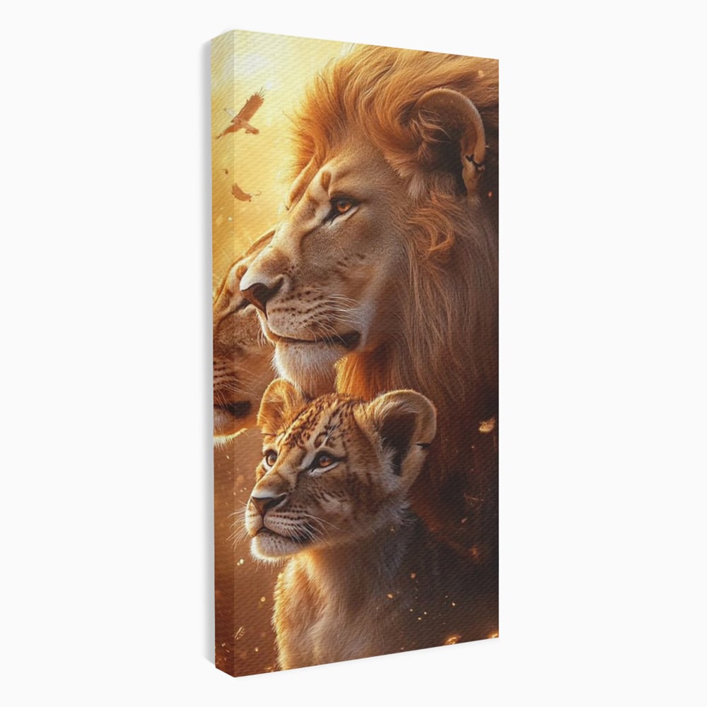 Leinwand Wandkunst Canvas Wandkunst Premium, LuxCanva® M1545, Drei Schicksale Inflacarate, Löwen, Tiere, Wild, Dschungel König, Familie, Huhn, Schlafzimmer, Büro, Wohnzimmer