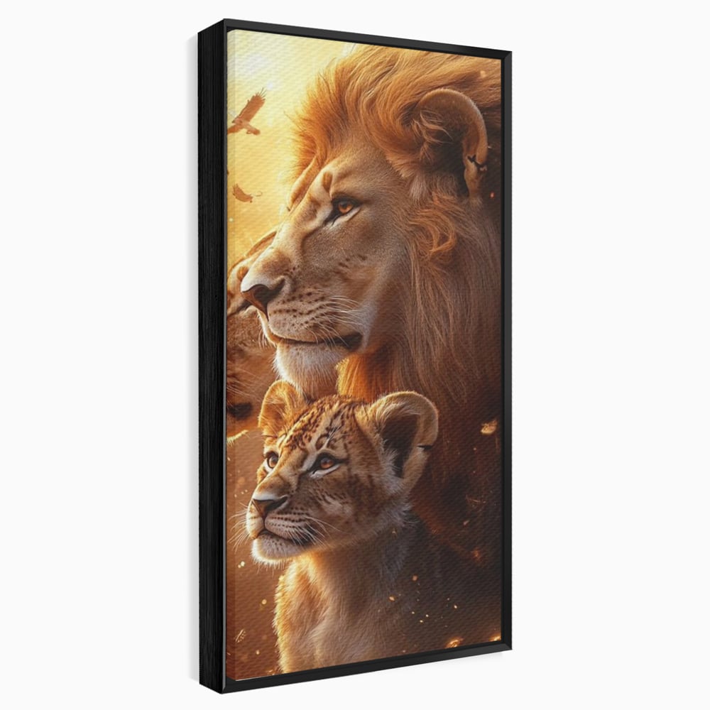 Leinwand Wandkunst Canvas Wandkunst Premium, LuxCanva® M1545, Drei Schicksale Inflacarate, Löwen, Tiere, Wild, Dschungel König, Familie, Huhn, Schlafzimmer, Büro, Wohnzimmer