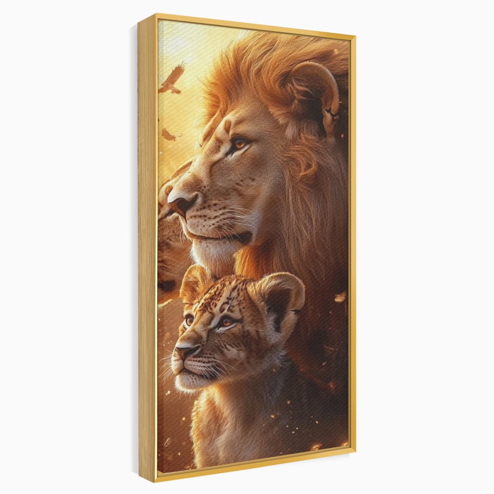 Leinwand Wandkunst Canvas Wandkunst Premium, LuxCanva® M1545, Drei Schicksale Inflacarate, Löwen, Tiere, Wild, Dschungel König, Familie, Huhn, Schlafzimmer, Büro, Wohnzimmer
