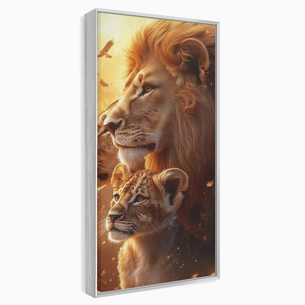 Leinwand Wandkunst Canvas Wandkunst Premium, LuxCanva® M1545, Drei Schicksale Inflacarate, Löwen, Tiere, Wild, Dschungel König, Familie, Huhn, Schlafzimmer, Büro, Wohnzimmer