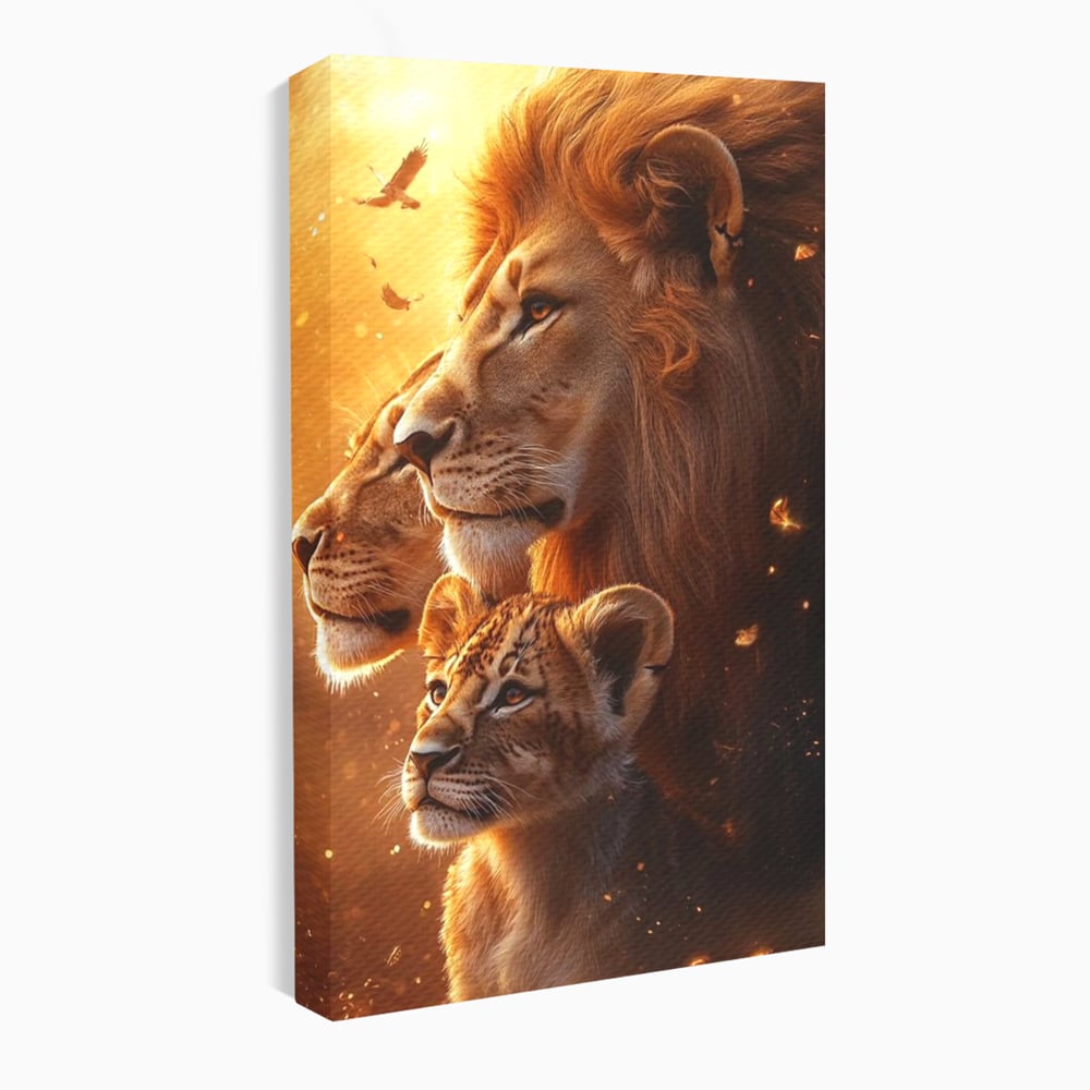 Leinwand Wandkunst Canvas Wandkunst Premium, LuxCanva® M1545, Drei Schicksale Inflacarate, Löwen, Tiere, Wild, Dschungel König, Familie, Huhn, Schlafzimmer, Büro, Wohnzimmer
