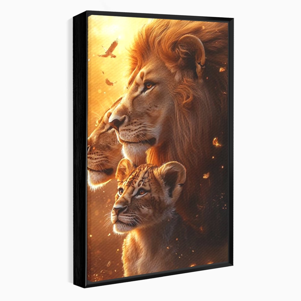 Leinwand Wandkunst Canvas Wandkunst Premium, LuxCanva® M1545, Drei Schicksale Inflacarate, Löwen, Tiere, Wild, Dschungel König, Familie, Huhn, Schlafzimmer, Büro, Wohnzimmer