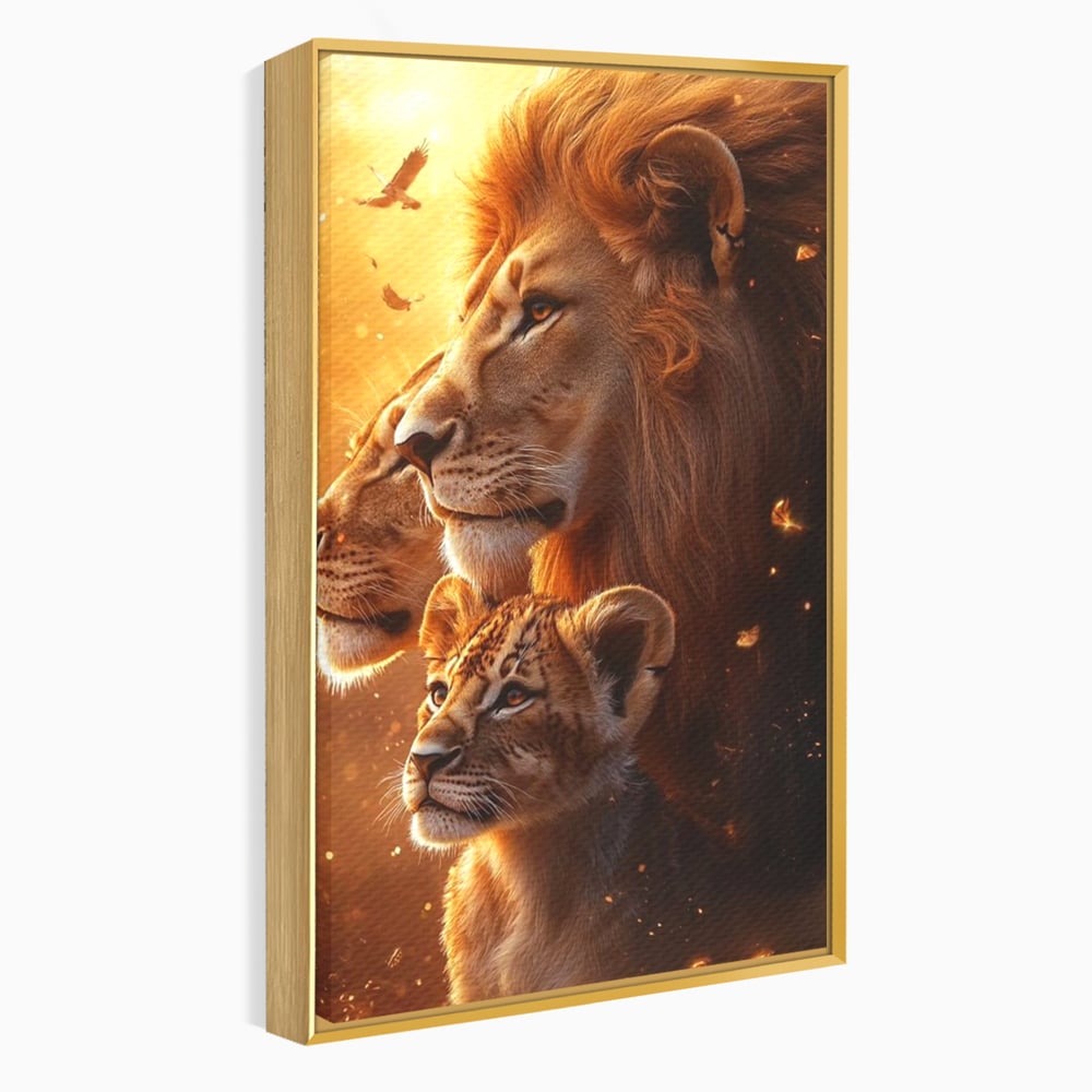 Leinwand Wandkunst Canvas Wandkunst Premium, LuxCanva® M1545, Drei Schicksale Inflacarate, Löwen, Tiere, Wild, Dschungel König, Familie, Huhn, Schlafzimmer, Büro, Wohnzimmer