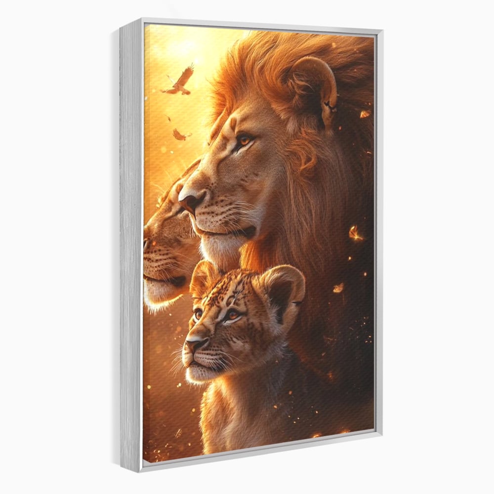 Leinwand Wandkunst Canvas Wandkunst Premium, LuxCanva® M1545, Drei Schicksale Inflacarate, Löwen, Tiere, Wild, Dschungel König, Familie, Huhn, Schlafzimmer, Büro, Wohnzimmer