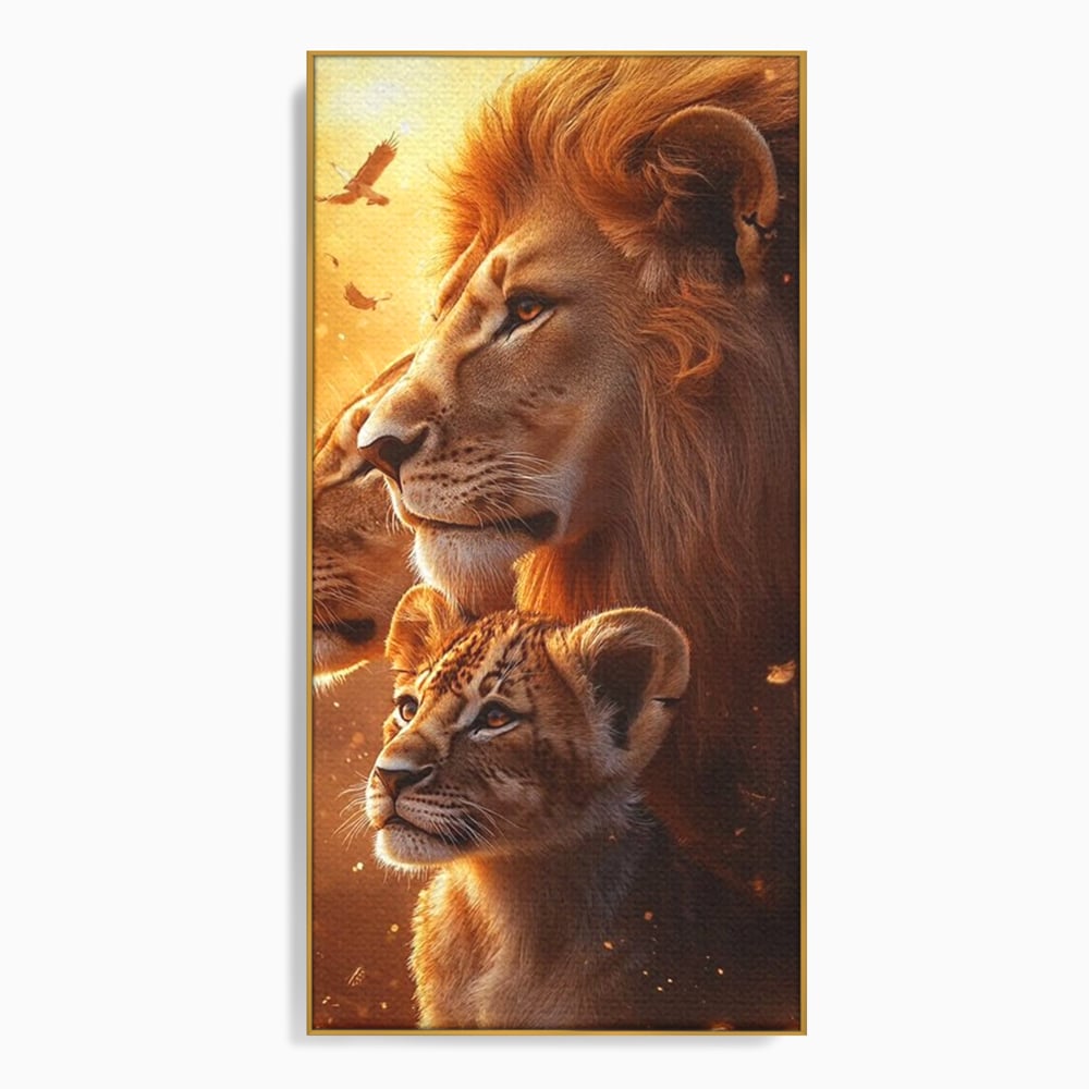 Leinwand Wandkunst Canvas Wandkunst Premium, LuxCanva® M1545, Drei Schicksale Inflacarate, Löwen, Tiere, Wild, Dschungel König, Familie, Huhn, Schlafzimmer, Büro, Wohnzimmer
